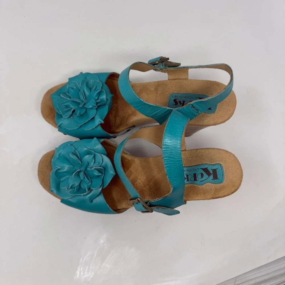 Korks by Kork-Ease Womens Turquoise Leather Floral Wood Platform Sandals Q65413